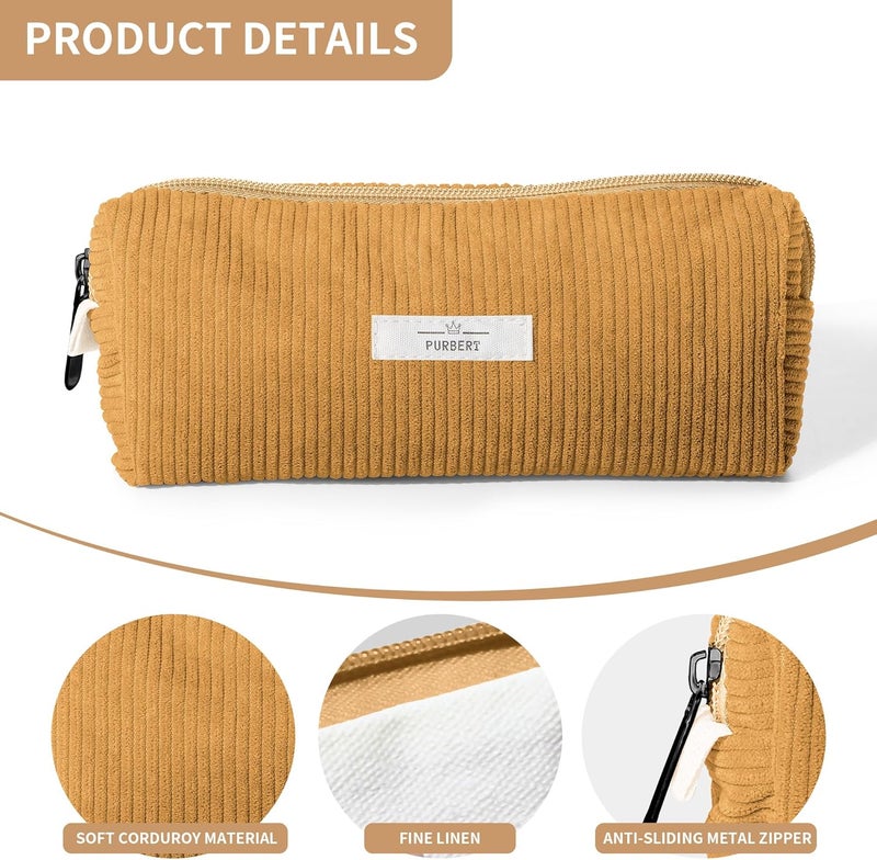 Purbert Pencil Bag Pen Case, Soft Corduroy Small Pencil Pouch Organizer with Zipper, Cute Pencil Case Pouch Stationery for Girls and Boys – Yellow - Image 4